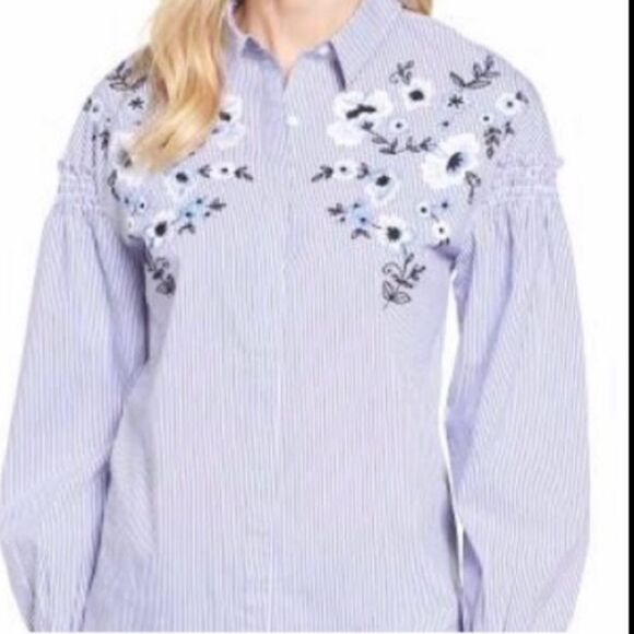 Halogen Blue White Striped Embroidered Shirt Sz XS - Picture 9 of 9